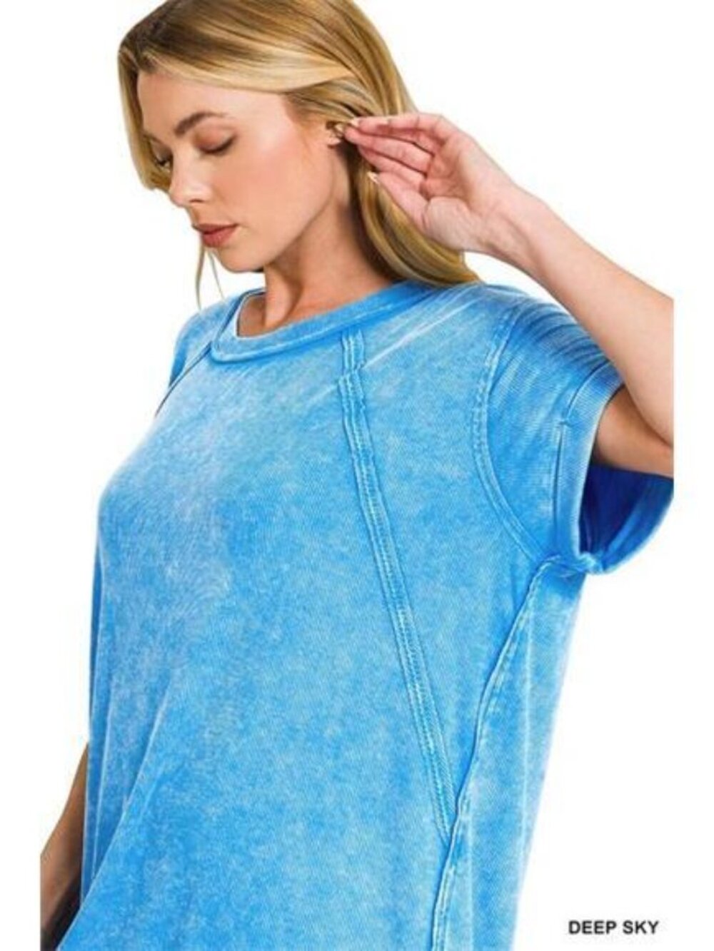 Zenana Washed‎ Ribbed Cuffed Short Sleeve Round Neck Top - Picture 6 of 7